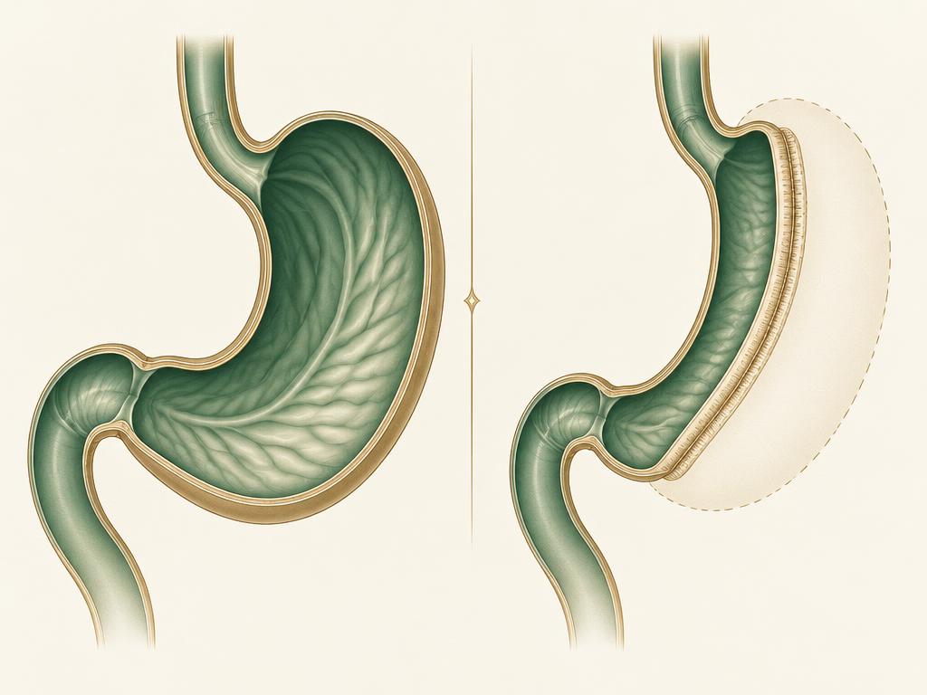Anatomical illustration comparing a typical stomach with a stomach after sleeve gastrectomy